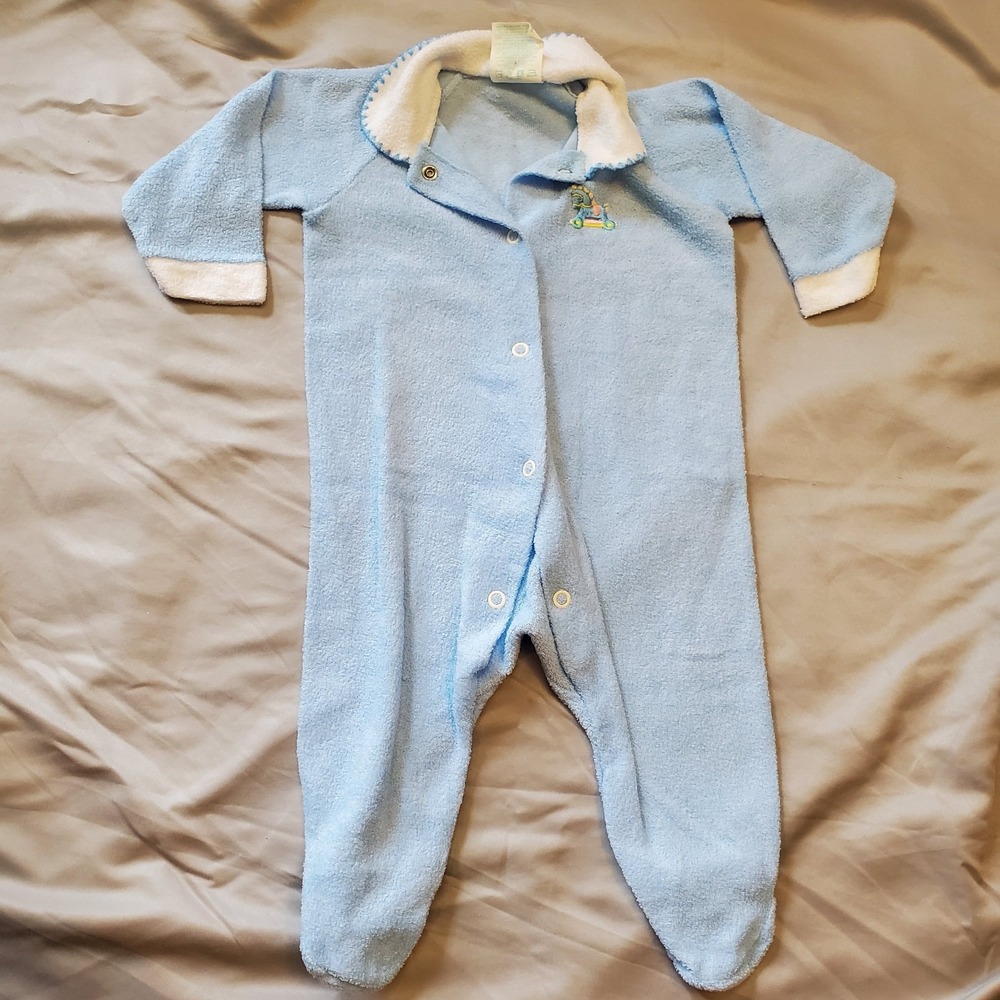 Vintage Terry Usa Baby Boy Blue One Piece Collared Rocking Horse Outfit Footed‎